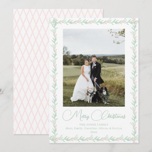 Pink Ribbon Greenery Vintage kerstfoto Feestdagenkaart (Voorkant / Achterkant)