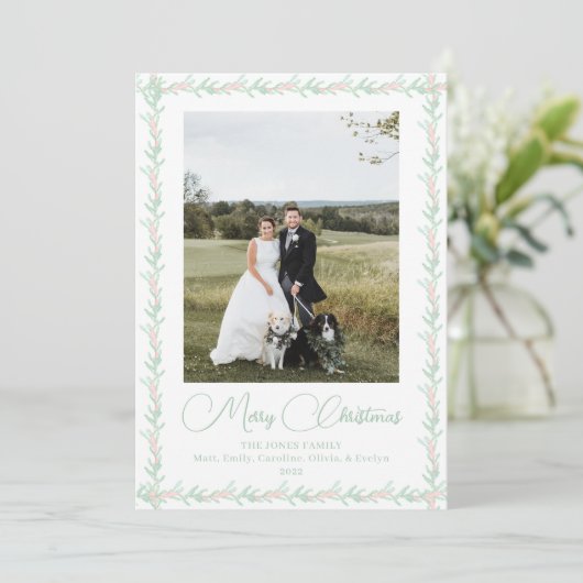 Pink Ribbon Greenery Vintage kerstfoto Feestdagenkaart (Staand voorkant)