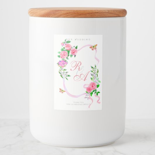 Pink Ribbon Monogram Wedding  Voedselcontainer Etiket (Voorkant)