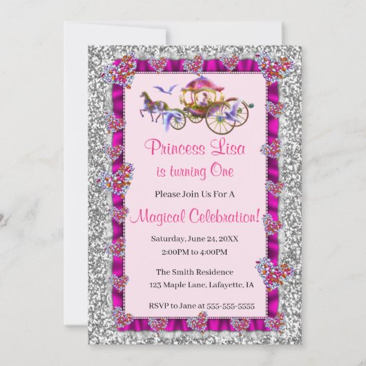 Pink Ribbon Silver Glitter Royal Princess Birthday Kaart (Voorkant)