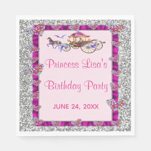 Pink Ribbon Silver Glitter Royal Princess Birthday Servet (Voorkant)