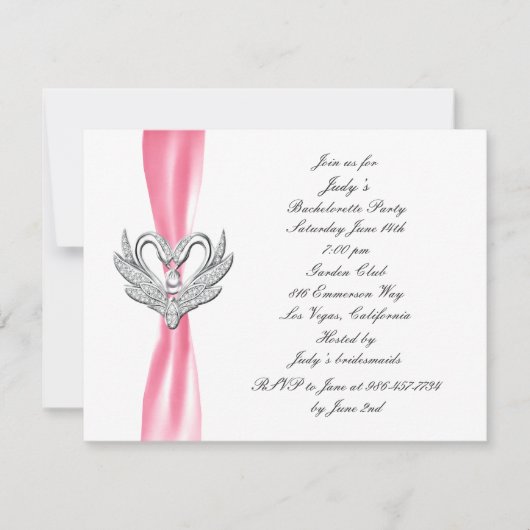 Pink Ribbon Silver Swans Bachelorette Party Invite Kaart (Voorkant)