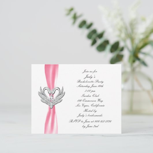 Pink Ribbon Silver Swans Bachelorette Party Invite Kaart (Staand voorkant)