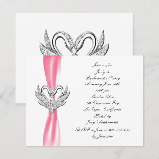 Pink Ribbon Silver Swans Bachelorette Party Invite Kaart (Voorkant / Achterkant)