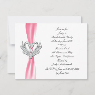 Pink Ribbon Silver Swans Bachelorette Party Invite Kaart