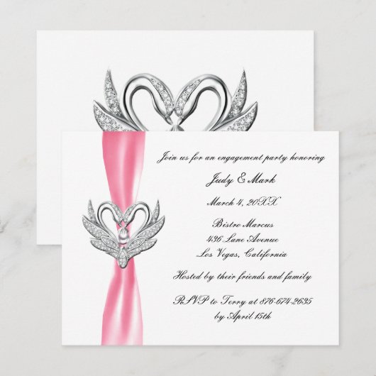 Pink Ribbon Silver Swans Engagement Party nodigt u Kaart (Voorkant / Achterkant)