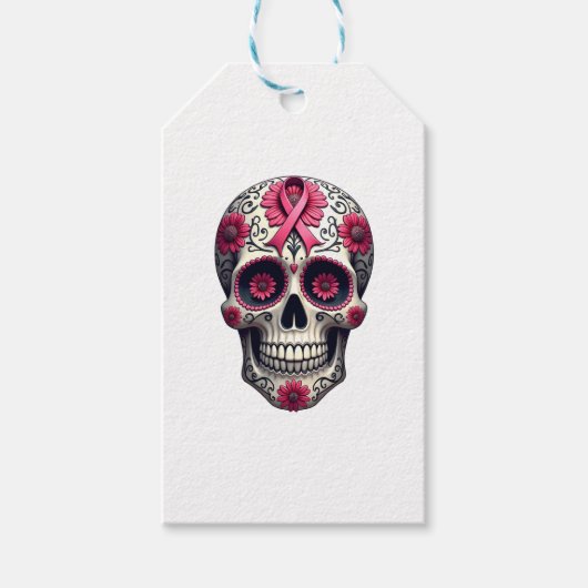 Pink Ribbon Sugar Skull Calavera Breast Cancer Awa Cadeaulabel (Voorkant)