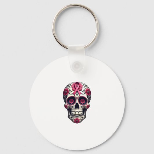 Pink Ribbon Sugar Skull Calavera Breast Cancer Awa Sleutelhanger (Voorkant)