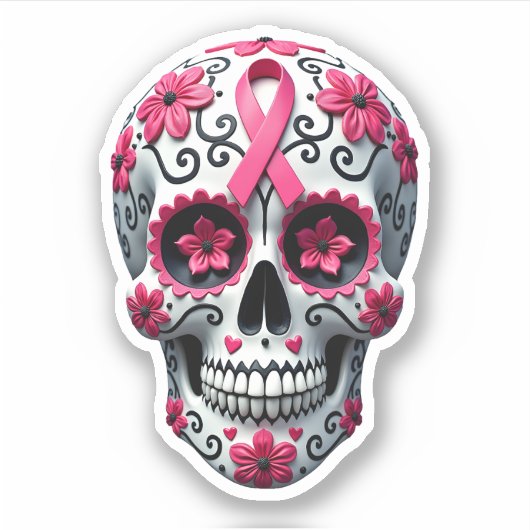 Pink Ribbon Sugar Skull Calavera Breast Cancer Awa Sticker (Voorkant)