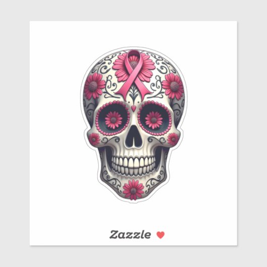 Pink Ribbon Sugar Skull Calavera Breast Cancer Awa Sticker (Vel)