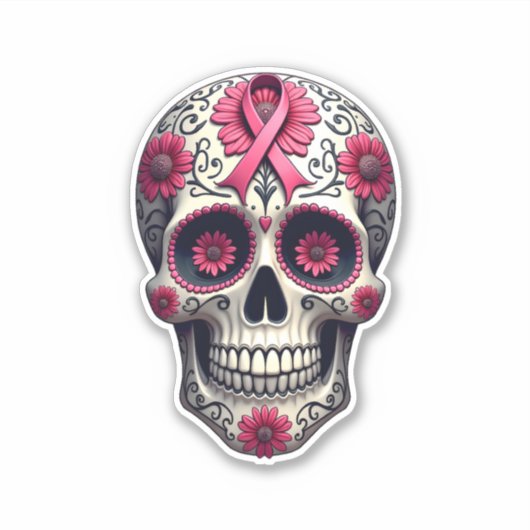 Pink Ribbon Sugar Skull Calavera Breast Cancer Awa Sticker (Voorkant)
