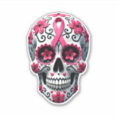 Pink Ribbon Sugar Skull Calavera Breast Cancer Awa Sticker (Voorkant)