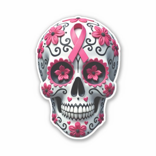 Pink Ribbon Sugar Skull Calavera Breast Cancer Awa Sticker (Voorkant)