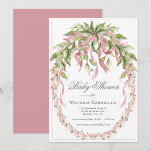 Pink Ribbons Floral Wreath Elegant Baby shower Inv Kaart