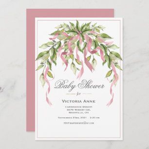 Pink Ribbons Greenery Elegant Baby shower Invitati Kaart