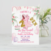 Pink Roaring Dinosaur 2-rex birthday Invitation Kaart (Staand voorkant)