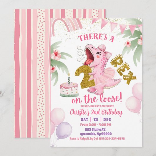 Pink Roaring Dinosaur 2-rex birthday Invitation Kaart (Voorkant / Achterkant)