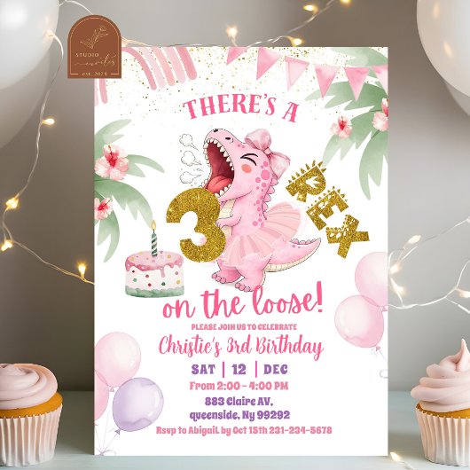 Pink Roaring Dinosaur 3-rex birthday Invitation Kaart
