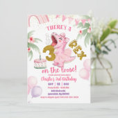 Pink Roaring Dinosaur 3-rex birthday Invitation Kaart (Staand voorkant)