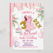 Pink Roaring Dinosaur 3-rex birthday Invitation Kaart (Voorkant / Achterkant)