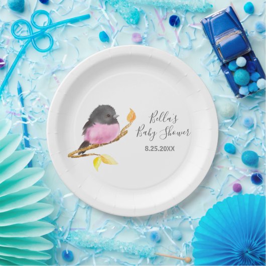 Pink Robin Bird Baby shower Papieren Bordje (Feest)
