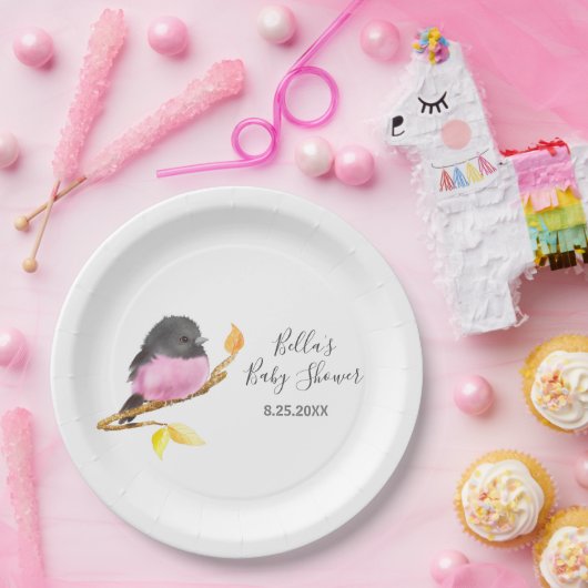 Pink Robin Bird Baby shower Papieren Bordje (Feest)