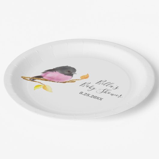 Pink Robin Bird Baby shower Papieren Bordje (Gekanteld)