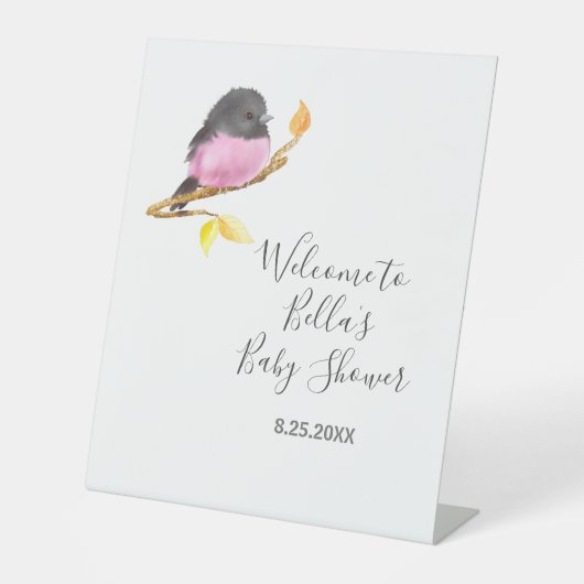Pink Robin Bird Baby shower Reclamebord Met Voetstuk (Voorkant)