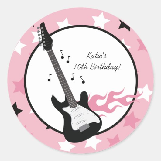 PINK ROCK STAR GUITAR 3-INCH Favor Stickers (Voorkant)