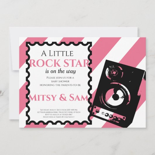 Pink Rock Star Rock a bye Baby shower Invitation Kaart (Voorkant)