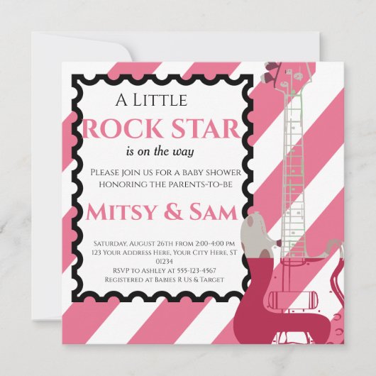 Pink Rock Star Rock a bye Baby shower Invitation Kaart (Voorkant)