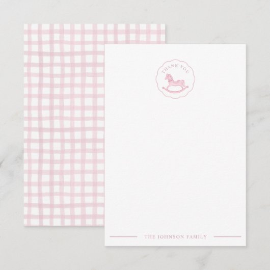Pink Rocking Horse Baby shower Bedankt Card (Voorkant / Achterkant)