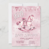 Pink Rocking Horse Baby shower Invitation Kaart (Voorkant)