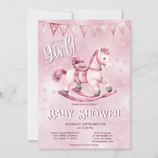 Pink Rocking Horse Baby shower Invitation Kaart (Voorkant)