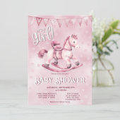Pink Rocking Horse Baby shower Invitation Kaart (Staand voorkant)