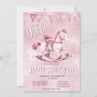 Pink Rocking Horse Baby shower Invitation Kaart