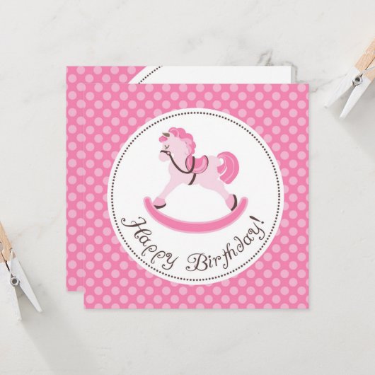 Pink Rocking Horse Birthday Kaart (Voorkant / Achterkant in situ)