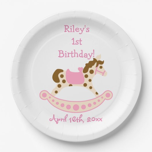 Pink Rocking Horse Birthday Papieren Bordje (Voorkant)