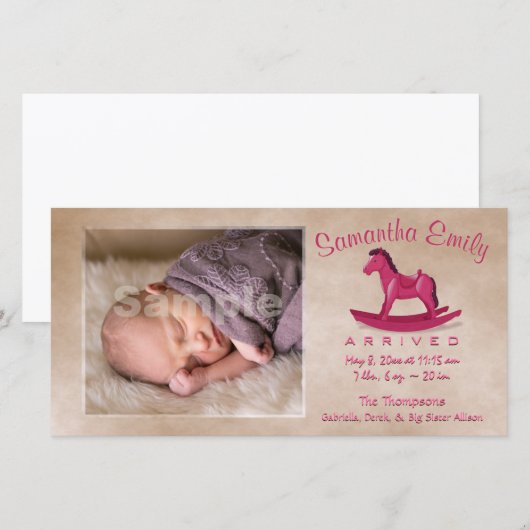 Pink Rocking Horse Geboorteaankondiging Aankondiging (Voorkant / Achterkant)