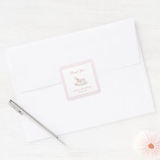 Pink Rocking Horse Girl Baby shower Dank je wel Vierkante Sticker (Envelop)