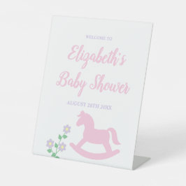 Pink Rocking Horse Girl Baby Shower Reclamebord Met Voetstuk