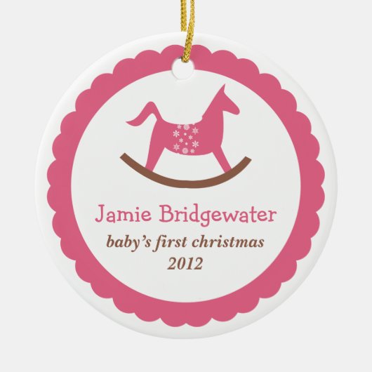 Pink rocking toy horse baby's first christmas keramisch ornament (Voorkant)