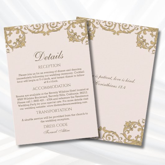 Pink Rococo Vintage Christian Wedding Details Informatiekaartje