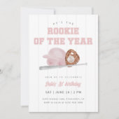 Pink Rookie of the Year Baseball First Birthday Kaart (Voorkant)