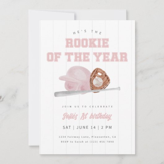Pink Rookie of the Year Baseball First Birthday Kaart (Voorkant)