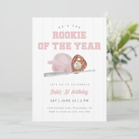 Pink Rookie of the Year Baseball First Birthday Kaart (Staand voorkant)