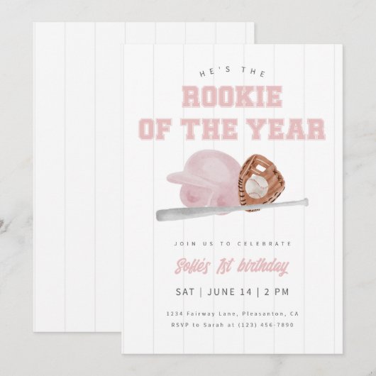 Pink Rookie of the Year Baseball First Birthday Kaart (Voorkant / Achterkant)