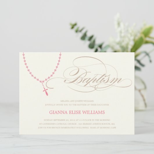 PINK ROSARY BEADS | BAPTISME-INVITATIE KAART (Staand voorkant)