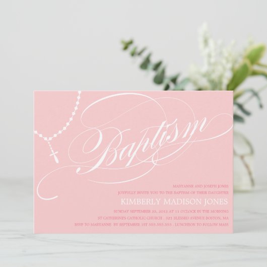 PINK ROSARY BEADS | BAPTISME-INVITATIE KAART (Staand voorkant)