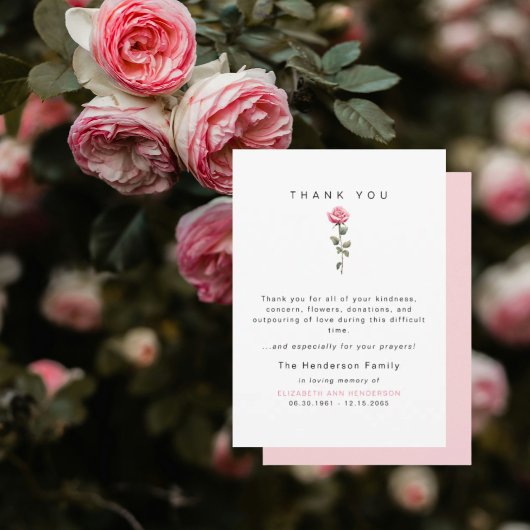 Pink Rose Bereavement Funeral Thank You Bedankkaart